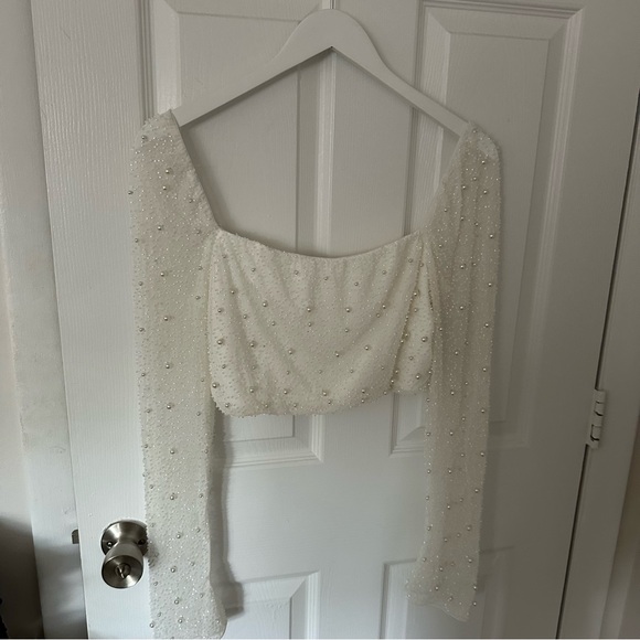 Embellished White Long Sleeve Crop Top - Picture 1 of 9